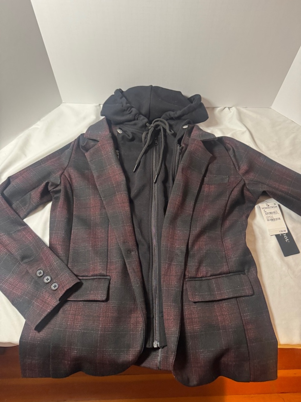 Women’s Liverpool Black and Burgundy Plaid Blazer with Removable Black Hoodie M - Picture 2 of 5